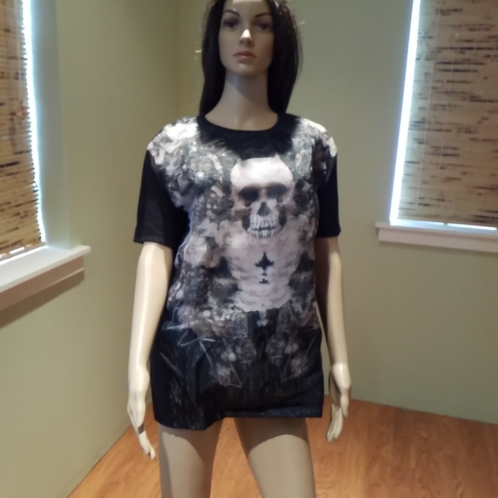 Zara Man Skeleton T-shirt Sheer Overlay Size L